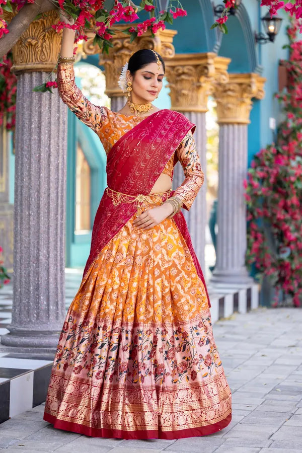 Yellowish Orange Readymade Indian Dola Silk Dola Silk A Line Lehenga Choli Set For Women With Designer Blouse And Dupatta For Wedding