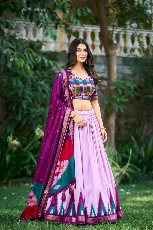 Purple Color Tussar Silk Printed Navratri Lehenga Choli