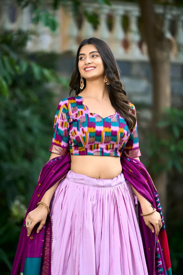 Purple Color Tussar Silk Printed Navratri Lehenga Choli