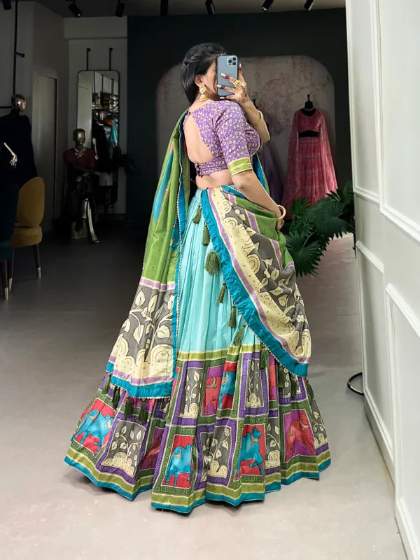 Sea Green Color Tussar Silk Foil Print Lehenga Choli