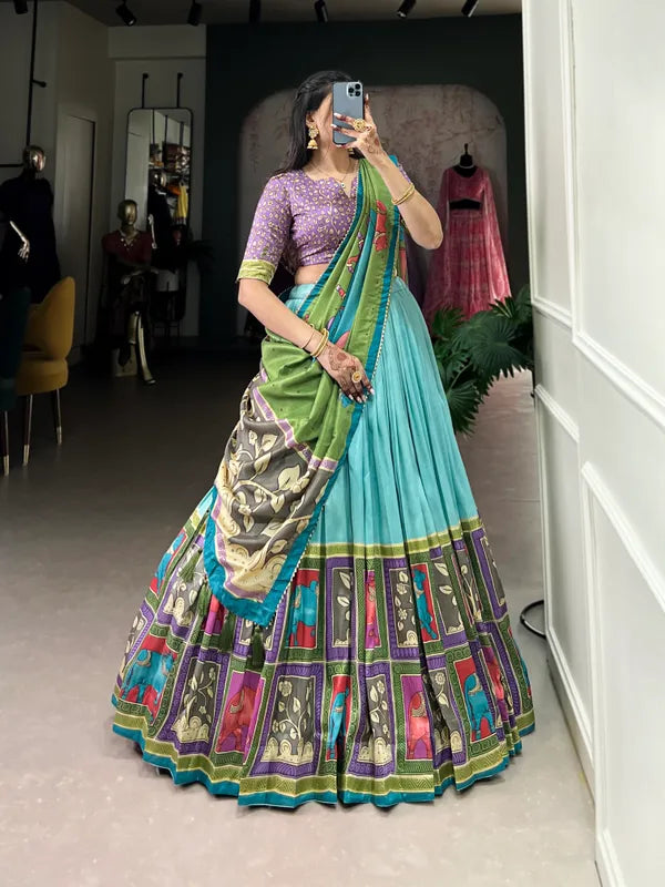 Sea Green Color Tussar Silk Foil Print Lehenga Choli