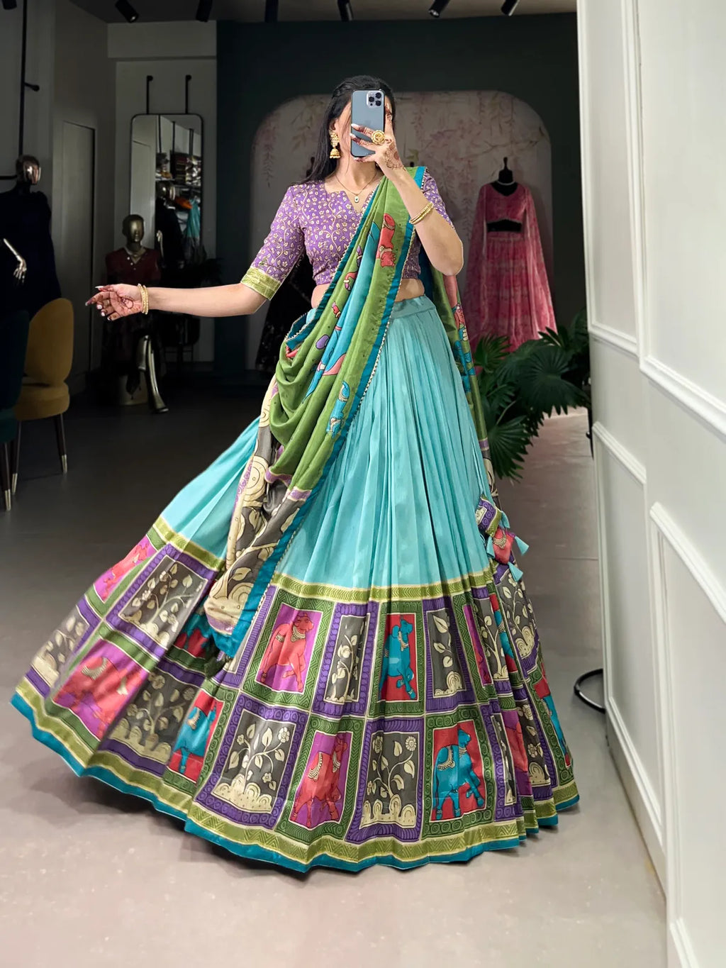 Sea Green Color Tussar Silk Foil Print Lehenga Choli