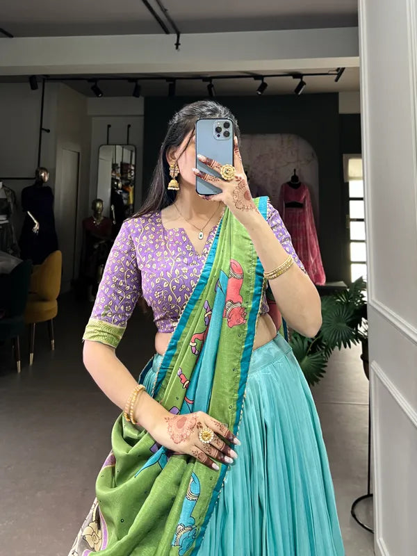 Sea Green Color Tussar Silk Foil Print Lehenga Choli