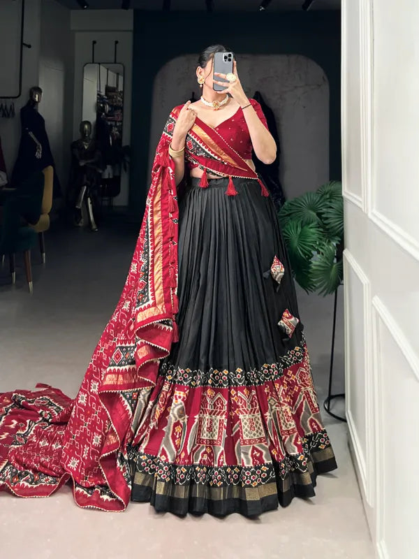 Black Tussar Silk Patola Print Trendy Lehenga Choli