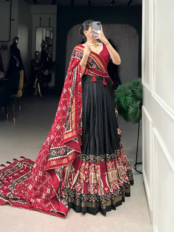 Black Tussar Silk Patola Print Trendy Lehenga Choli
