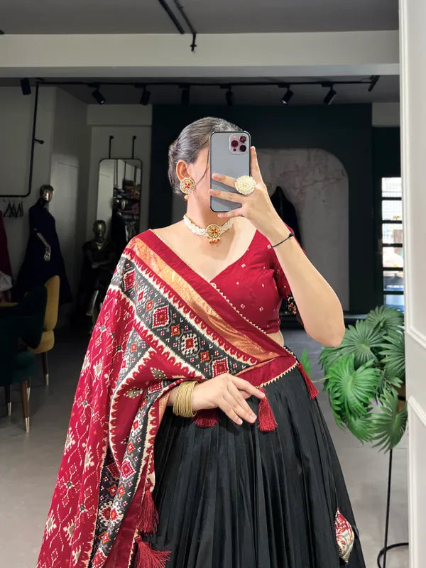 Black Tussar Silk Patola Print Trendy Lehenga Choli