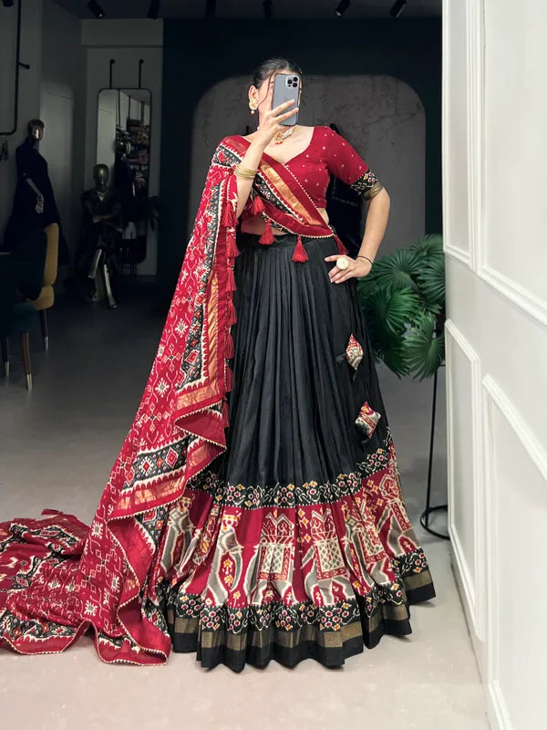Black Tussar Silk Patola Print Trendy Lehenga Choli