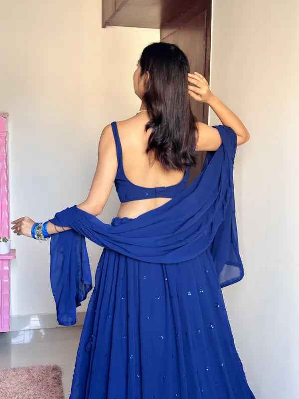 Navy Blue Georgette Embroidered Work Semi-Stitched Lehenga Choli And Dupatta Set For Women'S And Girls