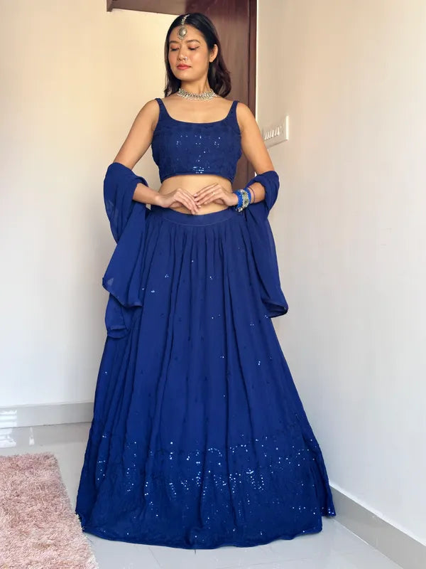 Navy Blue Georgette Embroidered Work Semi-Stitched Lehenga Choli And Dupatta Set For Women'S And Girls
