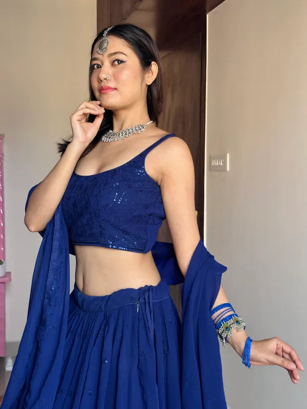 Navy Blue Georgette Embroidered Work Semi-Stitched Lehenga Choli And Dupatta Set For Women'S And Girls