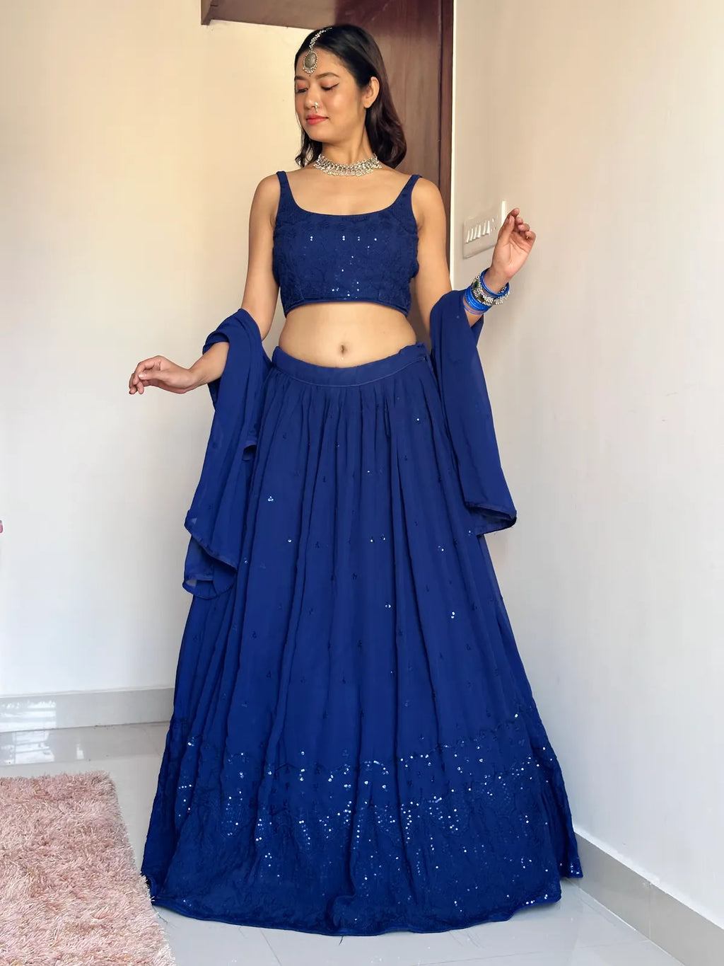 Navy Blue Georgette Embroidered Work Semi-Stitched Lehenga Choli And Dupatta Set For Women'S And Girls