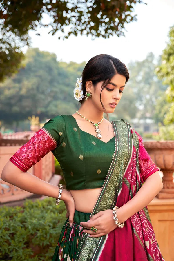 Green Tussar Silk Green Fabulously Patola Printed Stitched Lehenga & Blouse With Dupatta