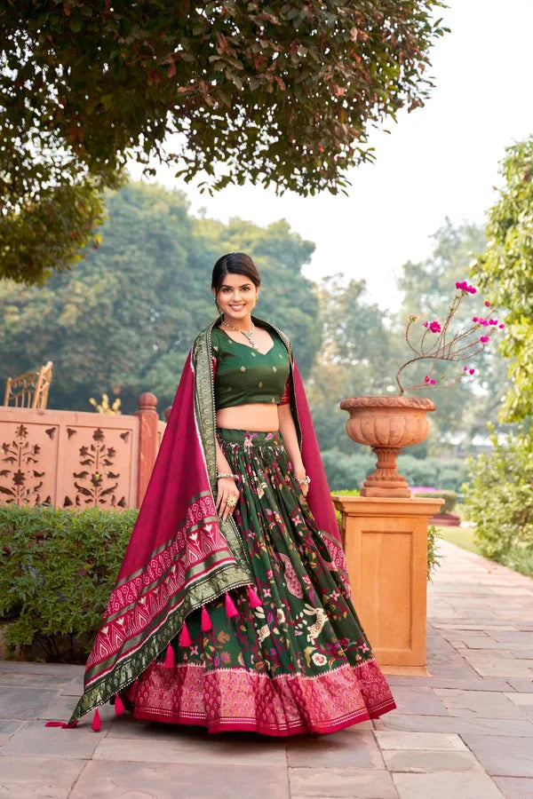 Green Tussar Silk Green Fabulously Patola Printed Stitched Lehenga & Blouse With Dupatta