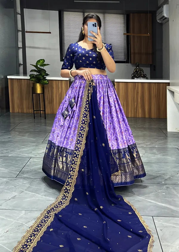 Lavender  Color Dola Silk Printed Bandhani Lehenga Choli With Heavy Embroidery On Dupatta