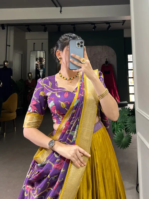 Yellow Color Dola Silk Designer Kalamkari Print Lehenga Choli