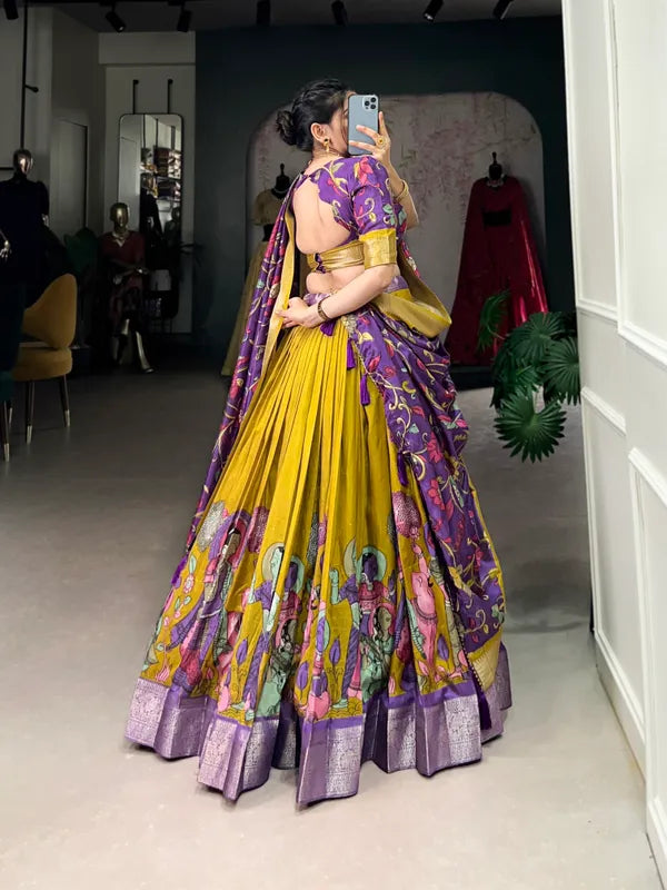 Yellow Color Dola Silk Designer Kalamkari Print Lehenga Choli