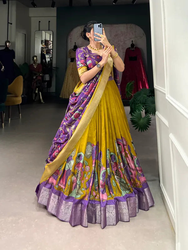 Yellow Color Dola Silk Designer Kalamkari Print Lehenga Choli