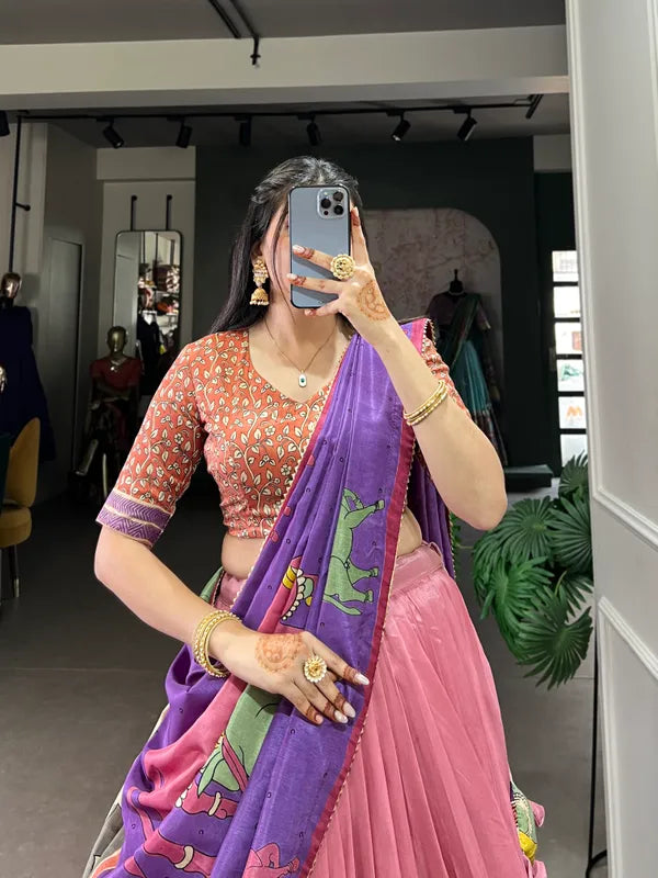 Peach Color Tussar Silk Foil Print Lehenga Choli