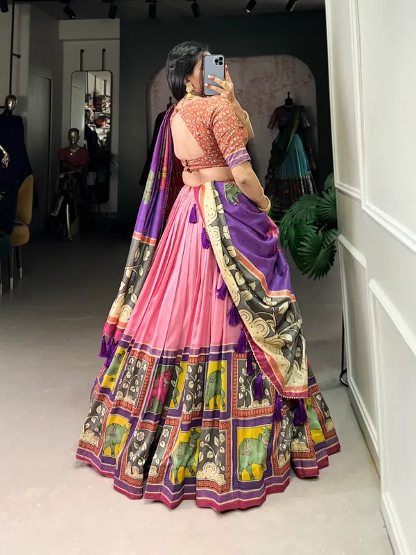 Peach Color Tussar Silk Foil Print Lehenga Choli