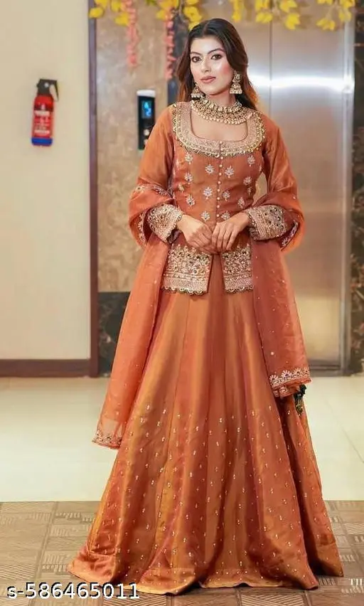 Women Pure Silk Kurta Skirt Attached Dupatta Set