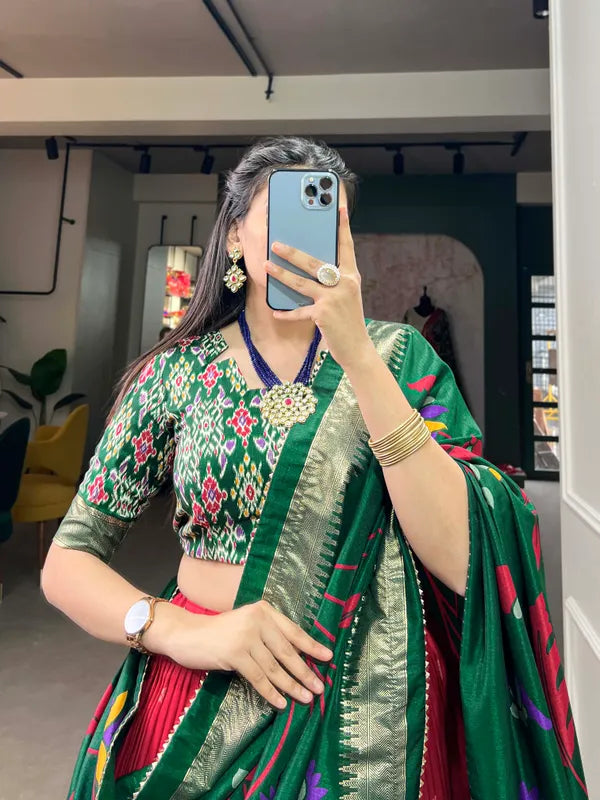 Red Floral Woven Flared Lehenga & Choli With Dupatta For Women