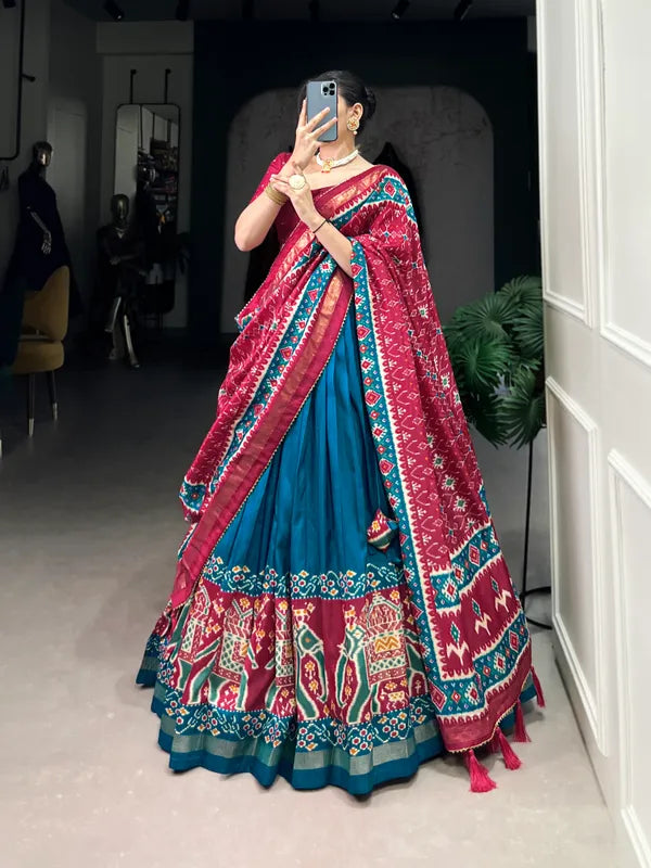Firoji Tussar Silk Patola Print Trendy Lehenga Choli In Firoji