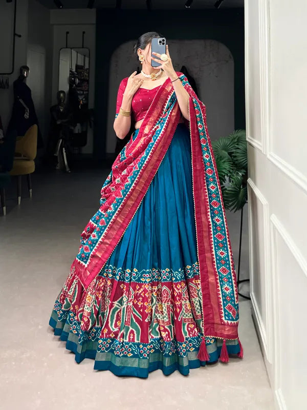 Firoji Tussar Silk Patola Print Trendy Lehenga Choli In Firoji