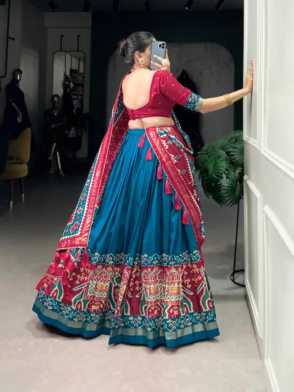 Firoji Tussar Silk Patola Print Trendy Lehenga Choli In Firoji