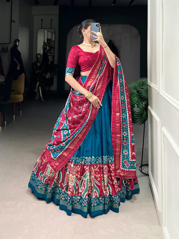 Firoji Tussar Silk Patola Print Trendy Lehenga Choli In Firoji