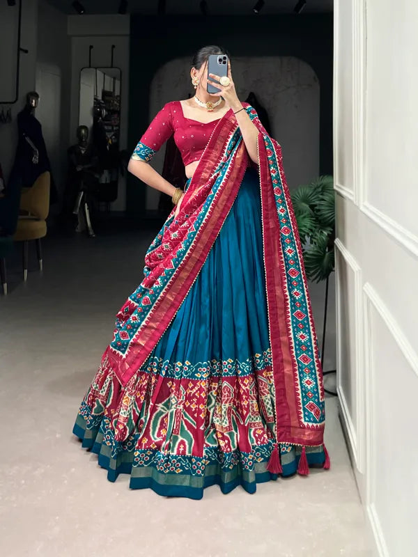Firoji Tussar Silk Patola Print Trendy Lehenga Choli In Firoji
