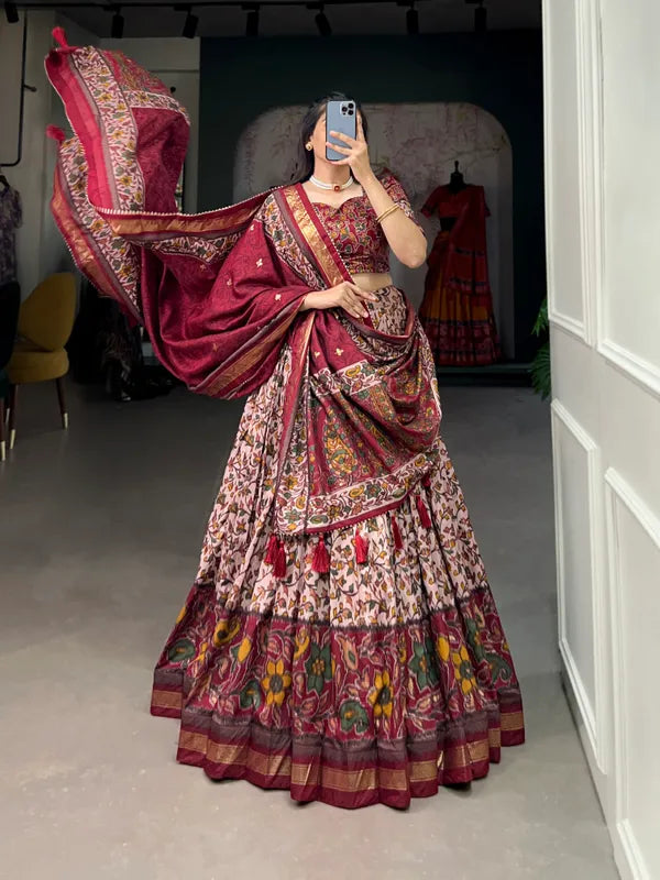 Maroon Color Tussar Silk Foil Print Lehenga Choli