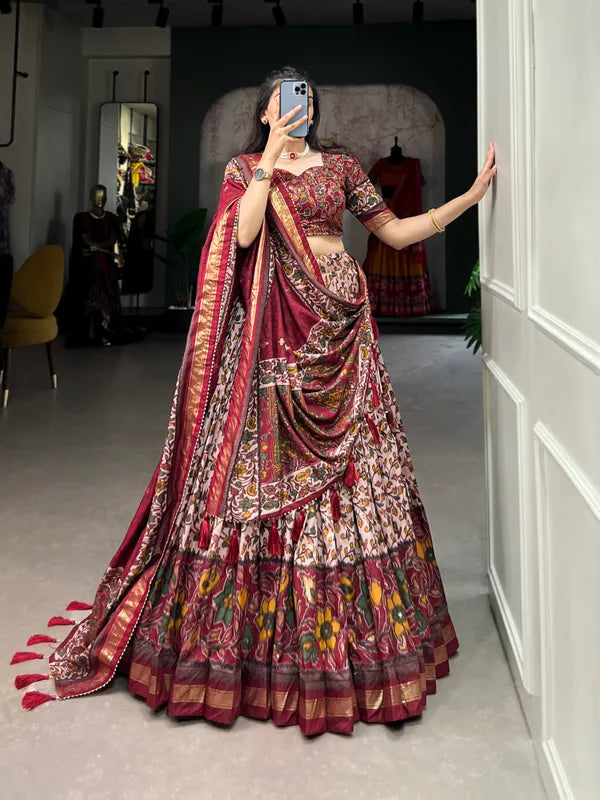 Maroon Color Tussar Silk Foil Print Lehenga Choli