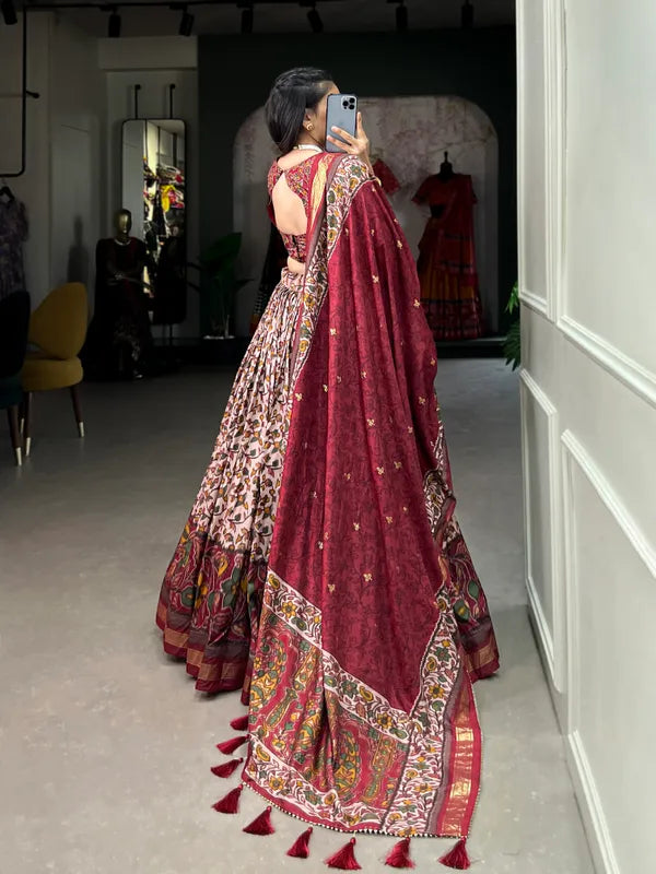 Maroon Color Tussar Silk Foil Print Lehenga Choli