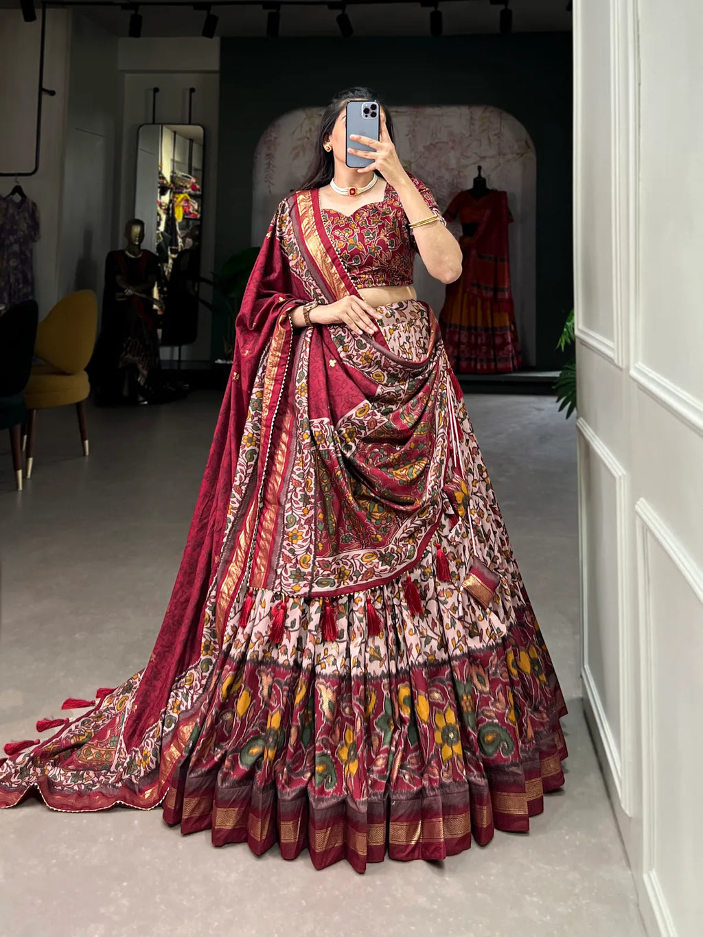 Maroon Color Tussar Silk Foil Print Lehenga Choli