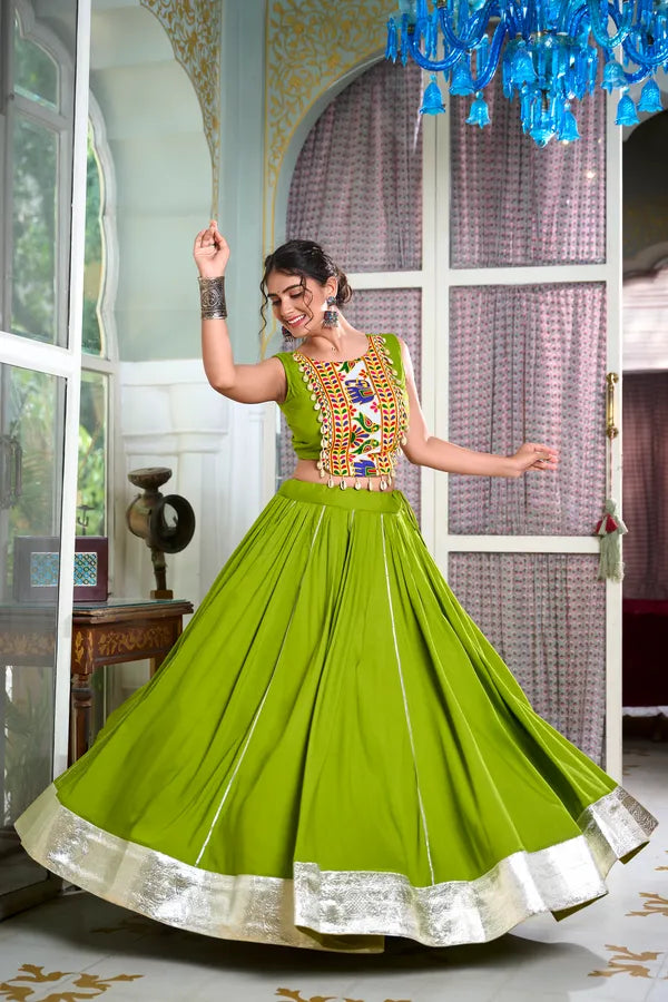 Parrot Rayon Lehenga And Gamthi Work Blouse For Navratri