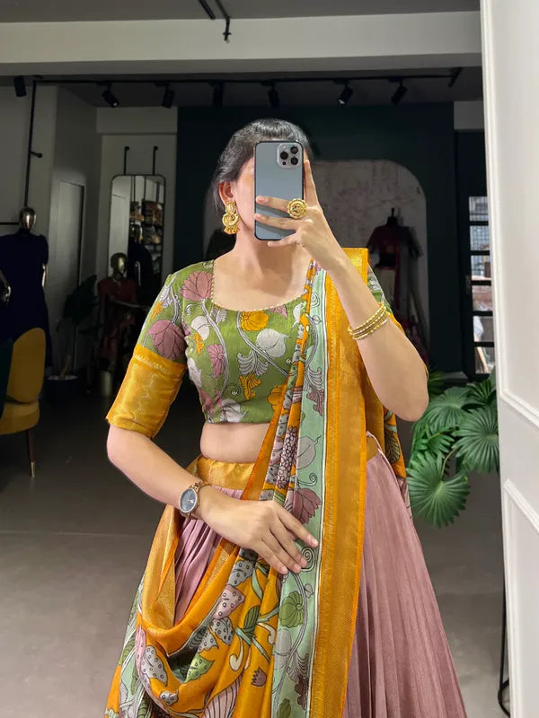 Peach Color Dola Silk Designer Kalamkari Print Lehenga Choli