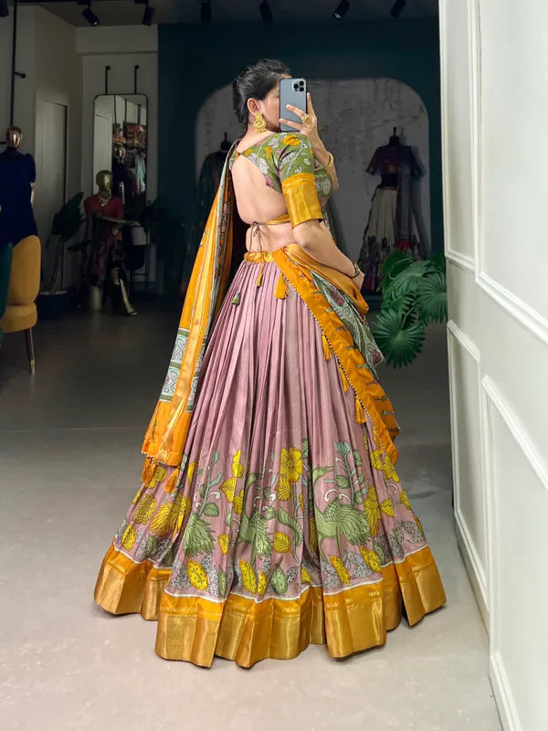 Peach Color Dola Silk Designer Kalamkari Print Lehenga Choli