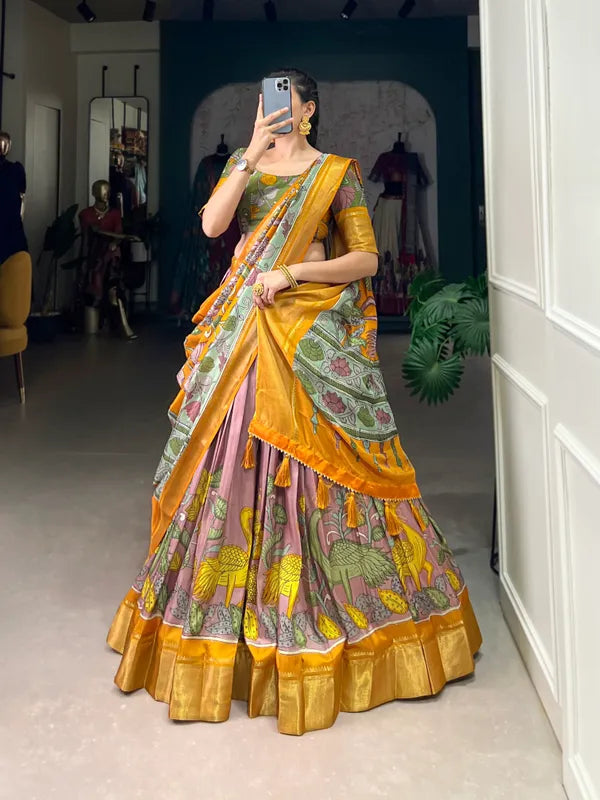 Peach Color Dola Silk Designer Kalamkari Print Lehenga Choli