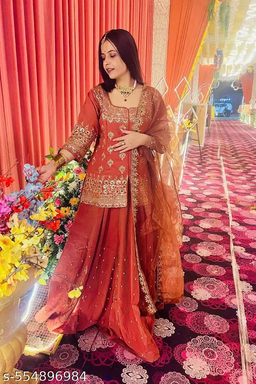 Women Pure Silk Kurta Skirt Attached Dupatta Set