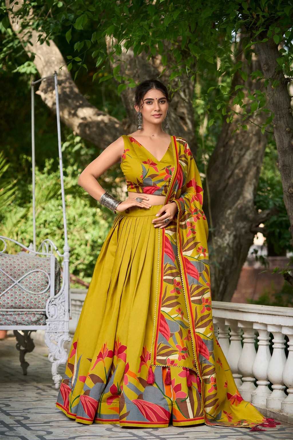 Mustard Floral Lehenga Choli With Foil Print & Gotta Patti Dupatta