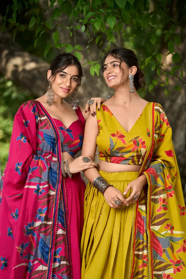 Mustard Floral Lehenga Choli With Foil Print & Gotta Patti Dupatta