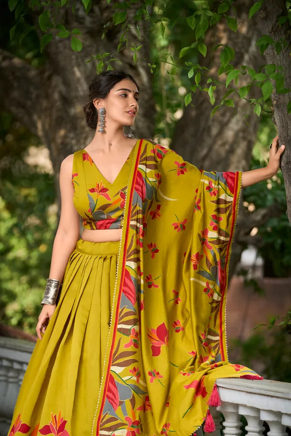 Mustard Floral Lehenga Choli With Foil Print & Gotta Patti Dupatta