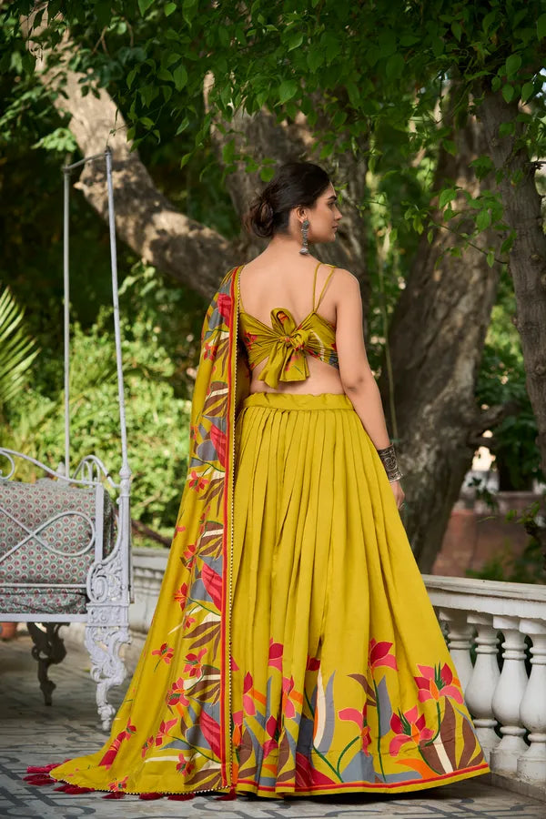 Mustard Floral Lehenga Choli With Foil Print & Gotta Patti Dupatta