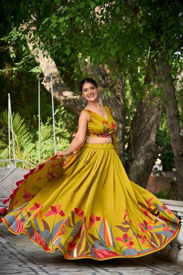 Mustard Floral Lehenga Choli With Foil Print & Gotta Patti Dupatta