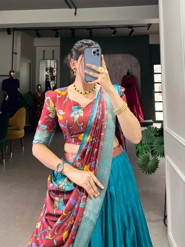 Firozi Color Dola Silk Designer Kalamkari Print Lehenga Choli