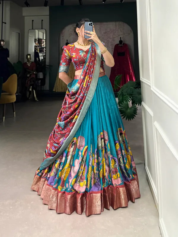 Firozi Color Dola Silk Designer Kalamkari Print Lehenga Choli