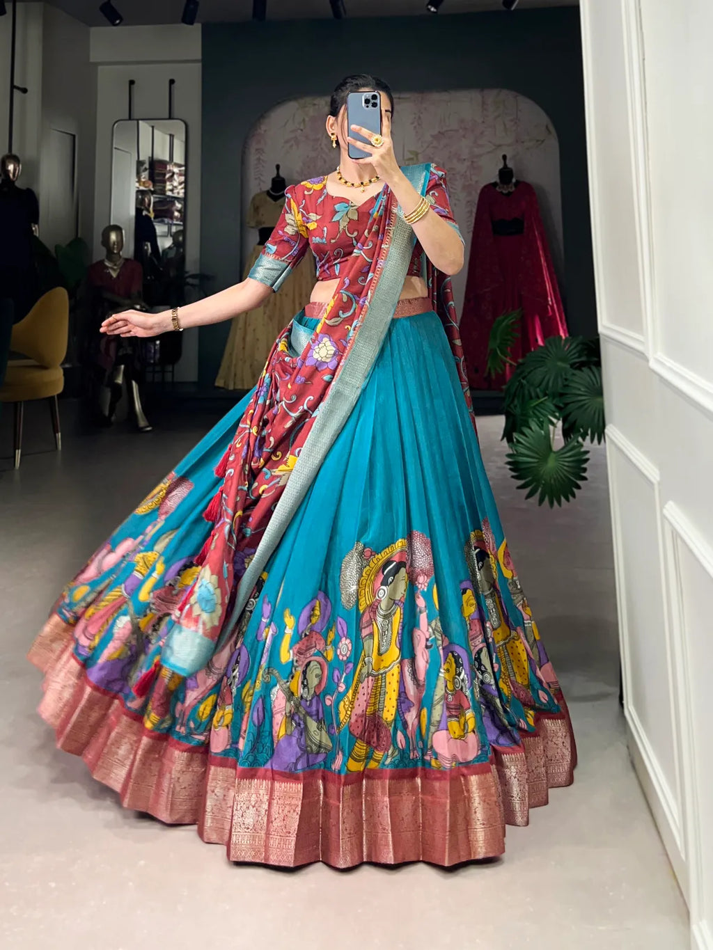 Firozi Color Dola Silk Designer Kalamkari Print Lehenga Choli