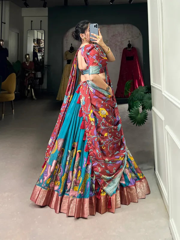 Firozi Color Dola Silk Designer Kalamkari Print Lehenga Choli