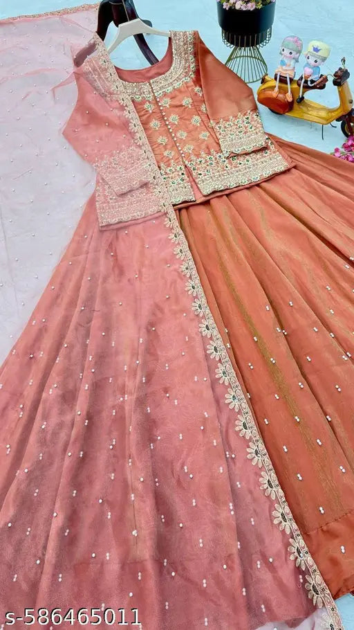 Women Pure Silk Kurta Skirt Attached Dupatta Set