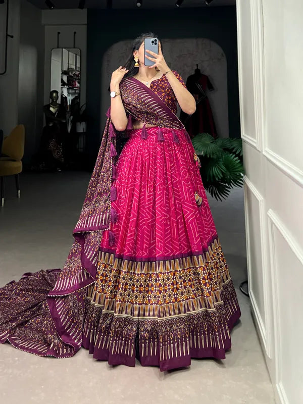 Pink Color Tussar Silk Foil Print Lehenga Choli